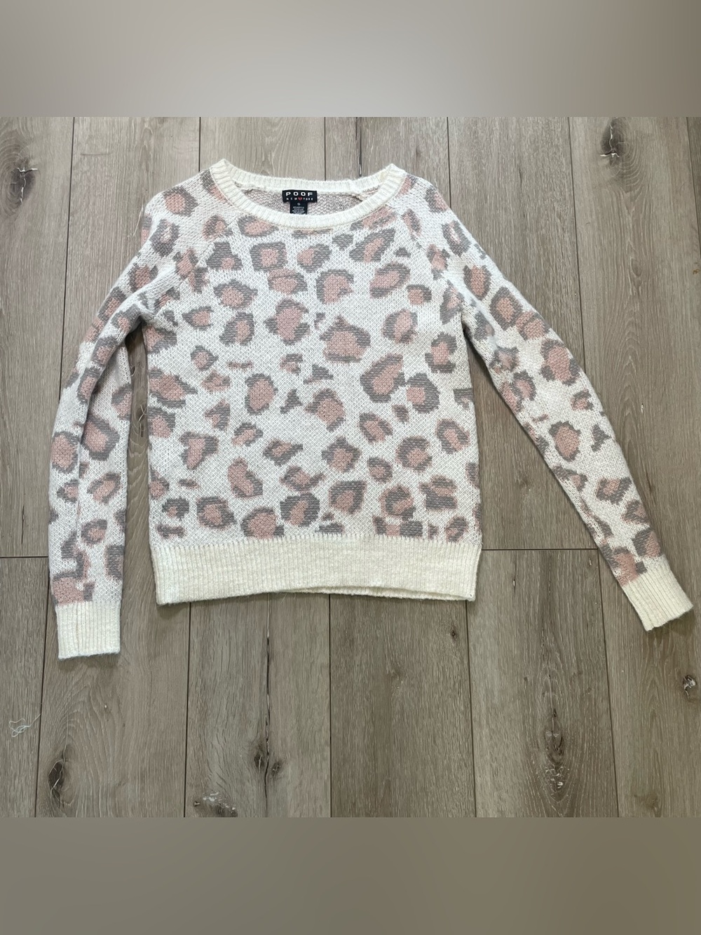 POOF New York Leopard Print Knit Sweater - Pink & Cream Animal Print Crewneck -S